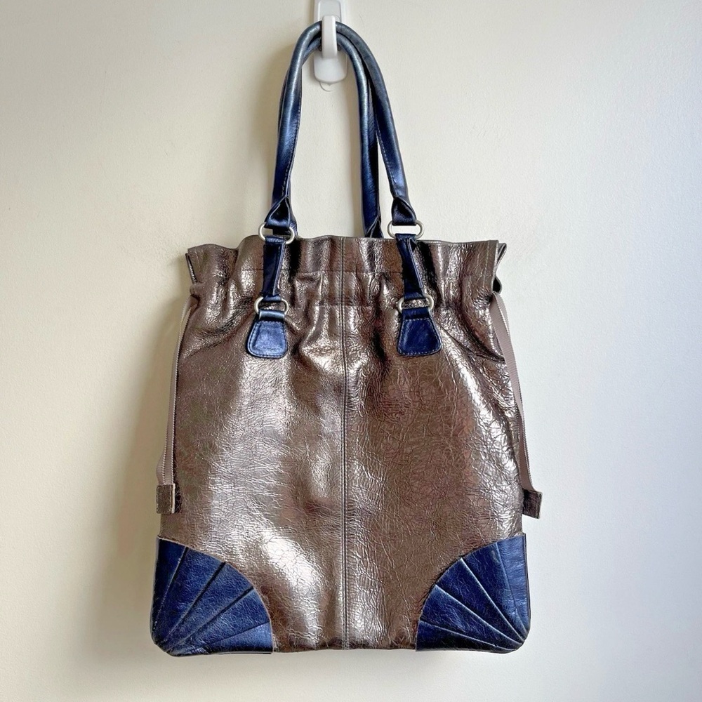 Kammi Reiss Metallic Leather Bag Bucket Cinch Purse Blue Pewter Silver Large